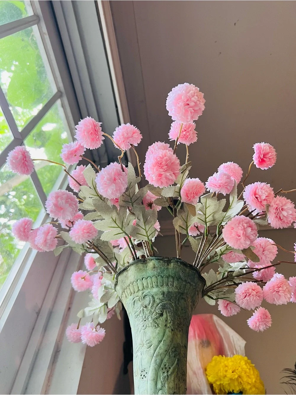 Vintage Pink Pom-Pom Floral Arrangement in Aged Patinated Green “Florists” Vase - Picture 5 of 11